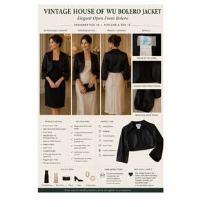 Vintage House of Wu Black Satin Bolero Jacket Open Front Formal Shrug Size 16